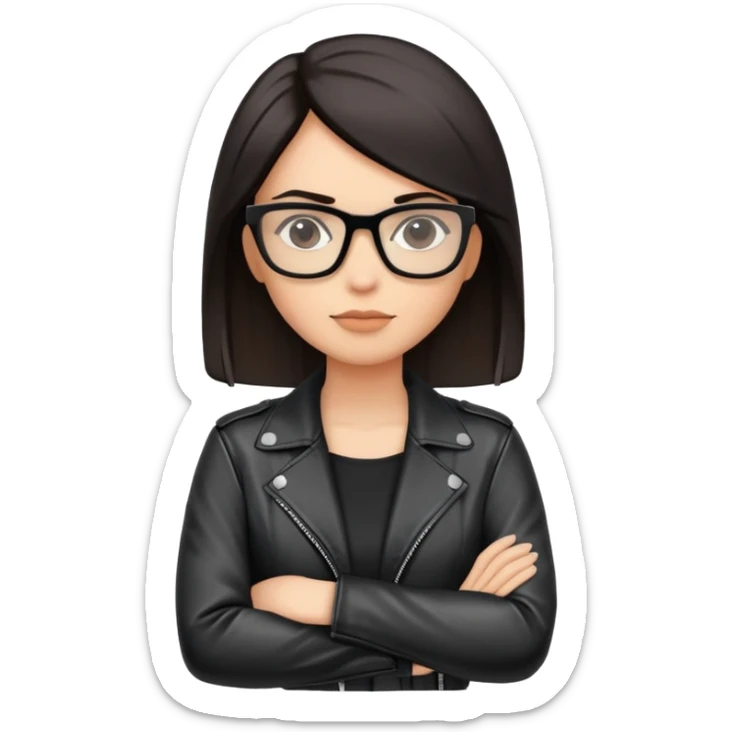 confident woman with crossed arms, black leather jacket, straight dark hair, glasses sticker