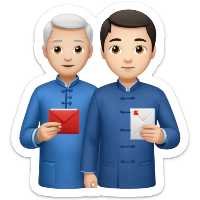 a young student with T-shirt handing letter to a old man official with chinese tunic suit sticker