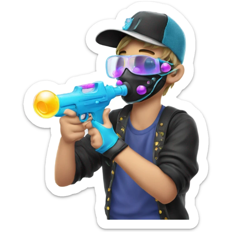 Caucasian boy in rave gear with mask and hat and shooting a bubble gun sticker