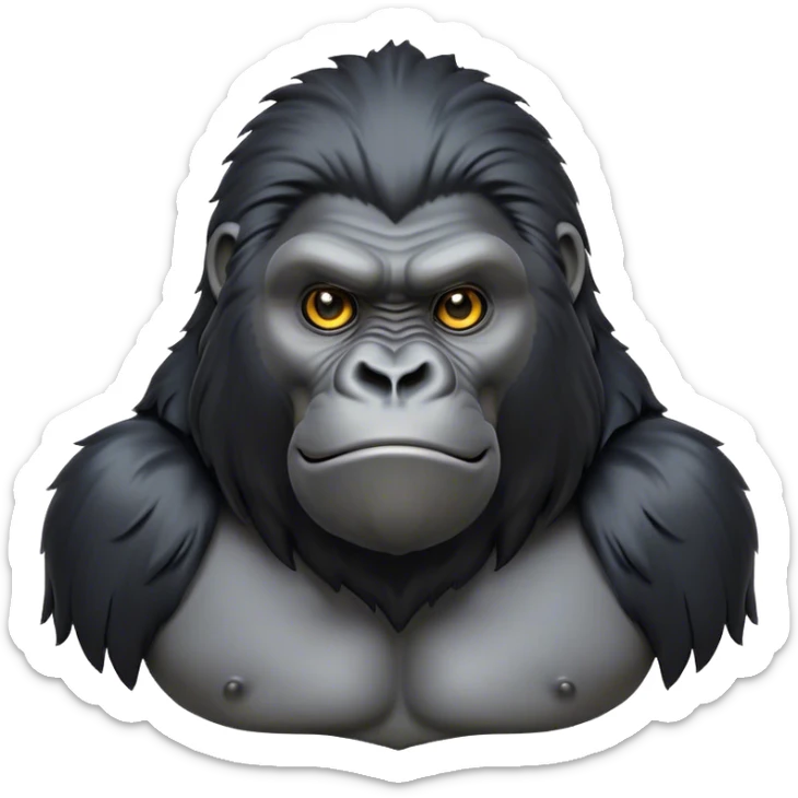Cinematic Noble mountain Gorilla Portrait Emoji, Poised and majestic, with a powerful, muscular frame accentuated by a distinguished black and grey mane and piercing, wise eyes, Simplified yet sharp and sophisticated features, highly detailed, glowing with a soft, regal jungle glow, high shine, intelligent and commanding, stylized with an air of imperial strength, focused and resolute, soft glowing outline, capturing the essence of a watchful guardian that feels as though it could step out of the screen with effortless authority! sticker