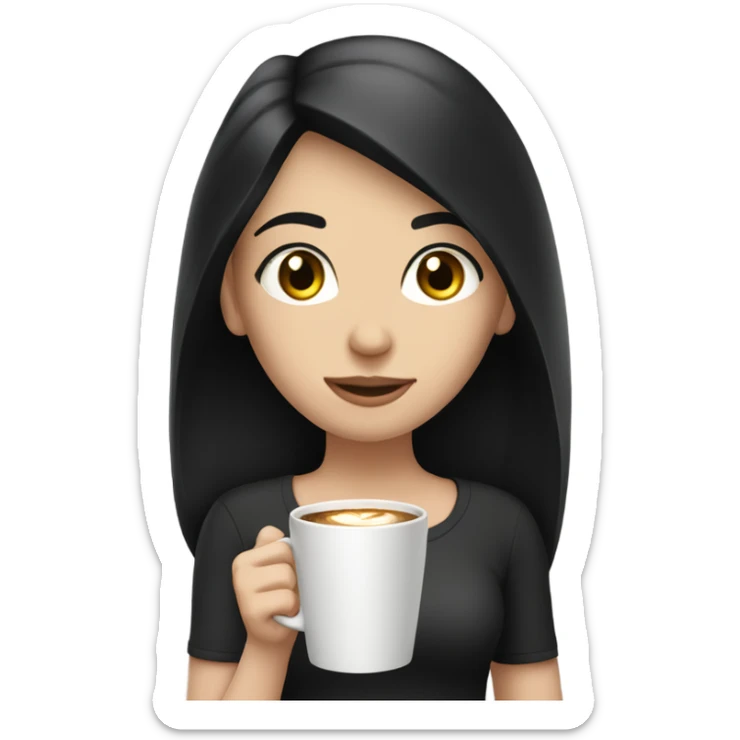 a girl with straight black hair, pale skin and hazel eyes holding a cup of coffe sticker