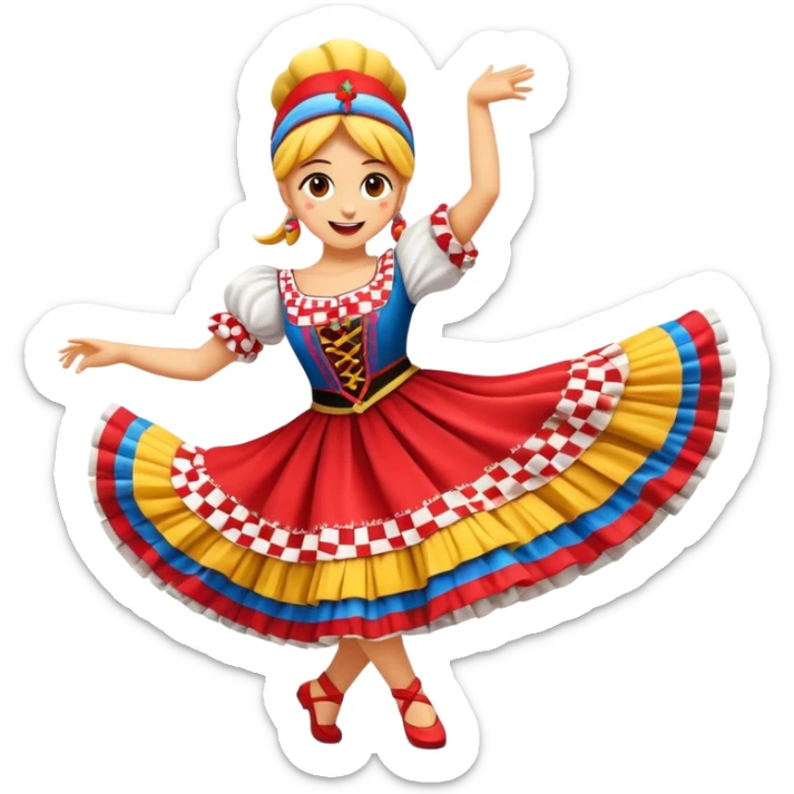 Cinematic Realistic Linđo Dance Emoji, depicted as a traditional Croatian folk dance with lively movements and colorful costumes, rendered with dynamic textures and vibrant festive lighting that captures its cultural vibrancy. sticker