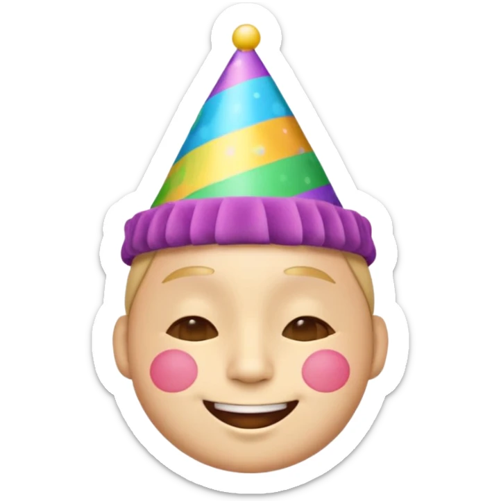 birthday face emoji, smiling with closed eyes, wearing a colorful party hat sticker