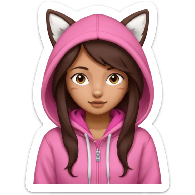 Girl with long dark brown hair wearing a pink white fox hoodie sticker