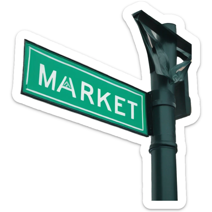 Street sign that says MARKET in blue with green bandana sticker