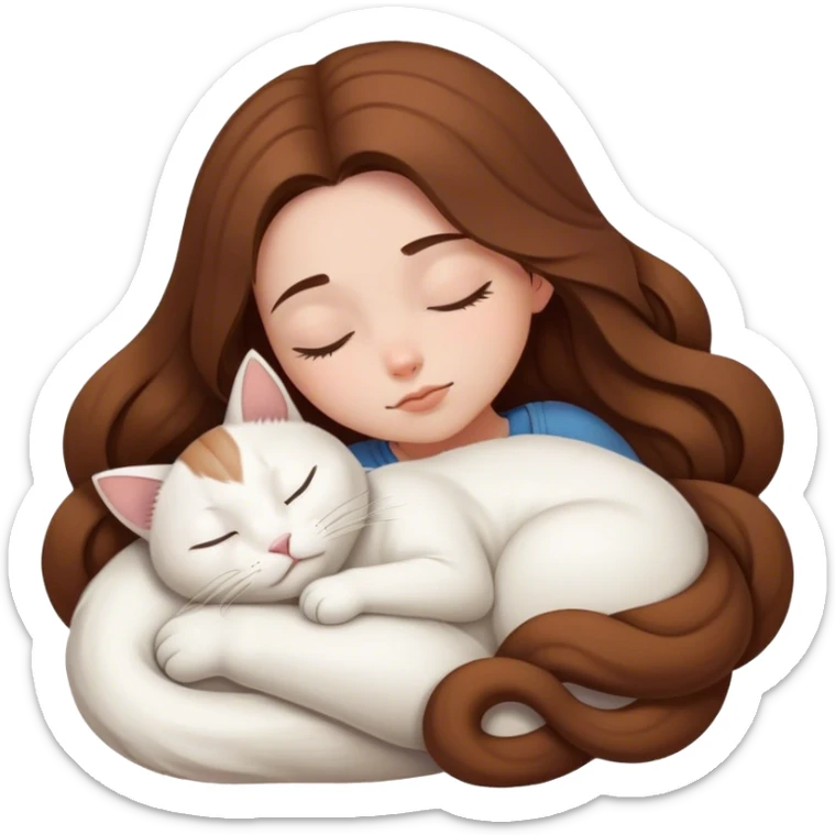 A pretty white girl with very long brown hair and sleeping curled up to a white cat  sticker