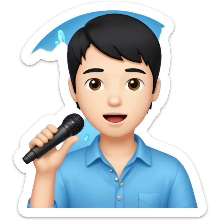 Beautiful Boy with black hair singing karaoke funny light blue aesthetic background with lights sticker