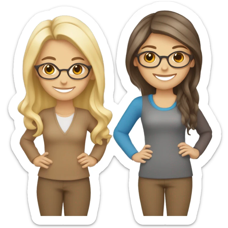 Smiling women, on the left side blonde with blue eyes and middle length straight hair and on tve right brunette with wavy hair, brown eyes and brown glasses, smiling and holding hands sticker