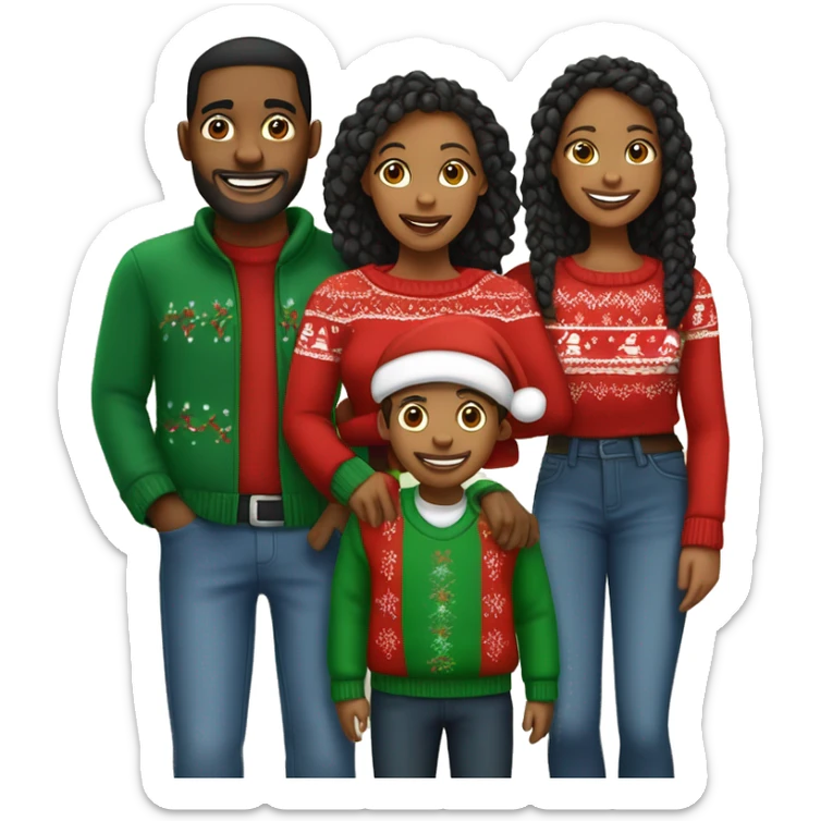 Black family of four members with Dad, Mom, Son, and Daughter. The Son and Daughter are teenagers. The Mom has braids. The Dad is light skinned.All family members are wearing Christmas sweaters and Santa hats.  sticker