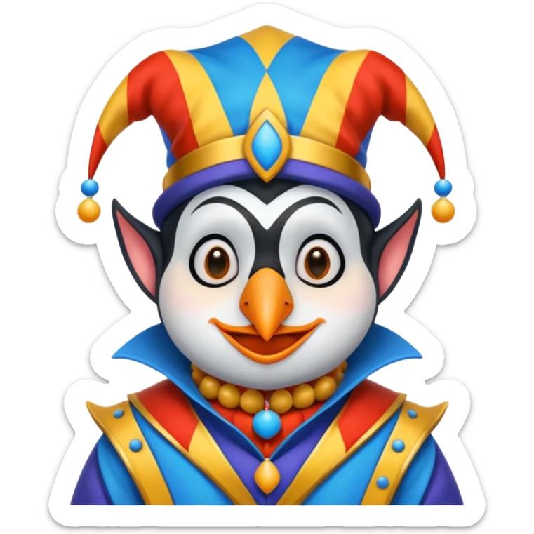crazy colorful cute penguin jolly joker, medieval, vintage, court jester, mac os icon, blue color sticker