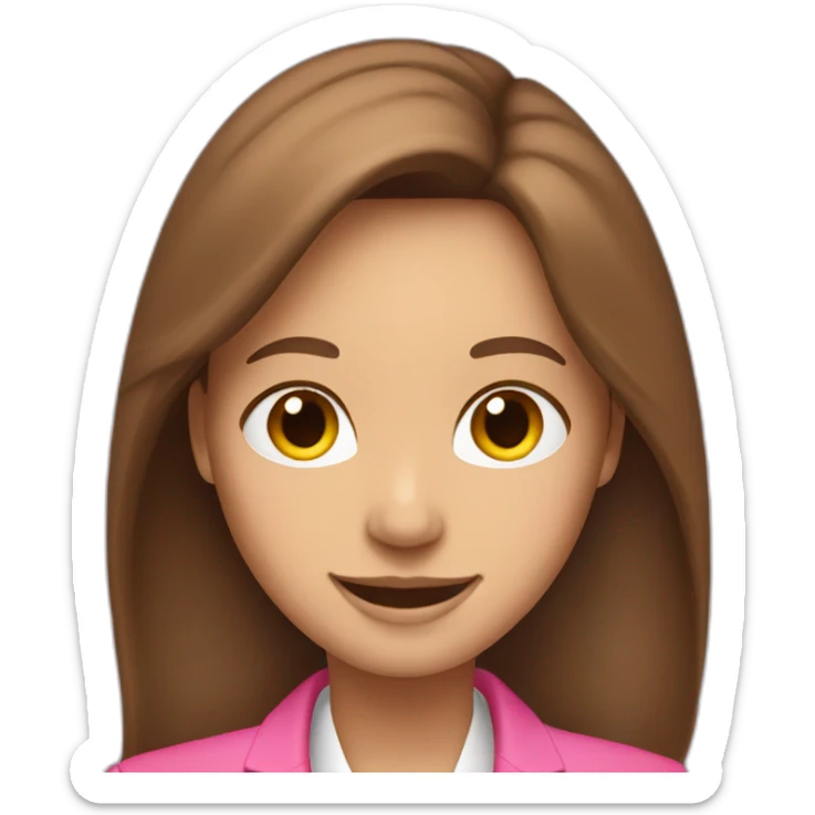 Woman with long brown hair, pretty smile, dressed with a pink blazer sticker