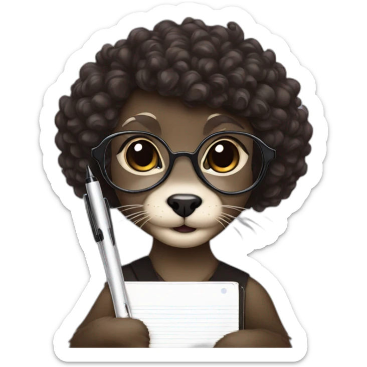 female Otter with round glasses and black curly hair holding a couple journals and a pen sticker