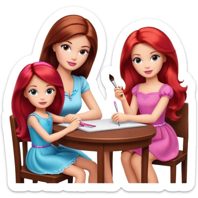 A Barbie girl with makeup, with long dark brown hair, with a child, a daughter with red hair, sitting at a table sticker