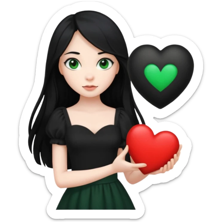 Pale girl with long black hair and dark green eyes wearing black dress and holding black heart sticker