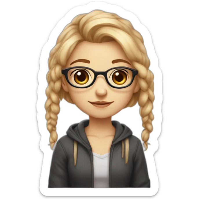 Cute girl with rus hair with glasses and steel brackets on teth eat sinabone sticker