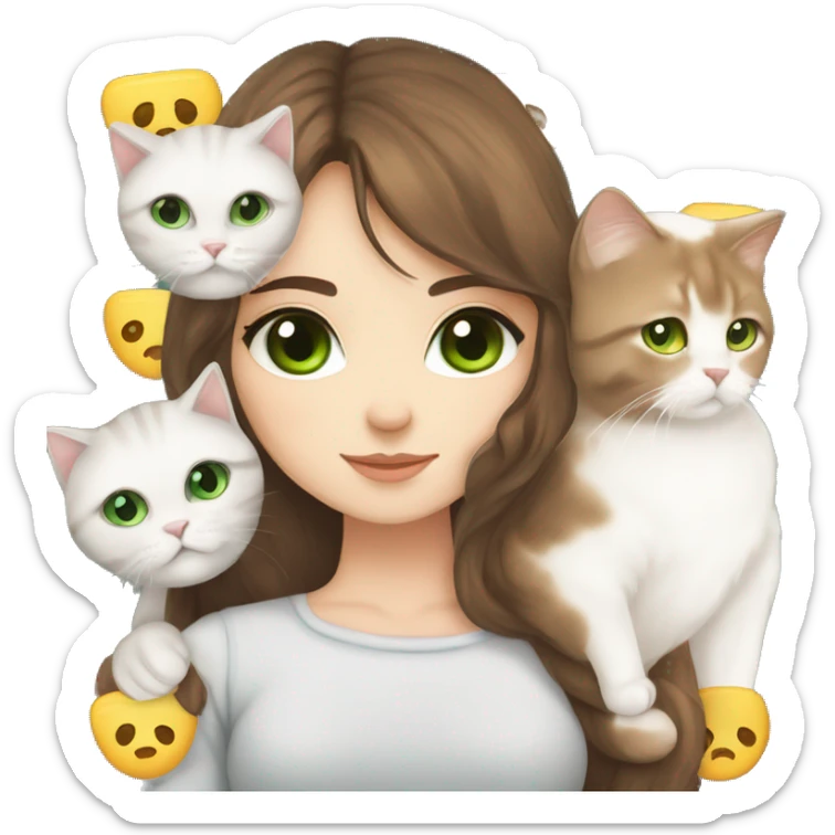 Beautiful girl with brown hair, and brown eyes.  hug Scottish fold cat, white cat with green eyes  sticker