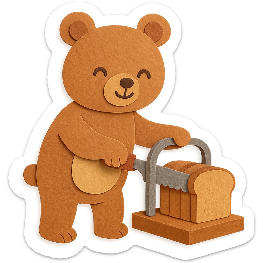 warm-toned bread slicer bear slicing bread, happy soft eyes, full-body sticker