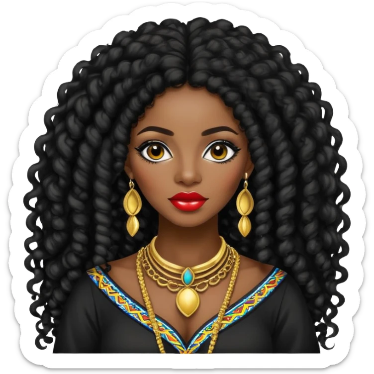 Afro Colombian, pretty lips, colombian clothes, dark skin, long black curly hair, jewelry, pretty bratz baddie, black eyeliner sticker