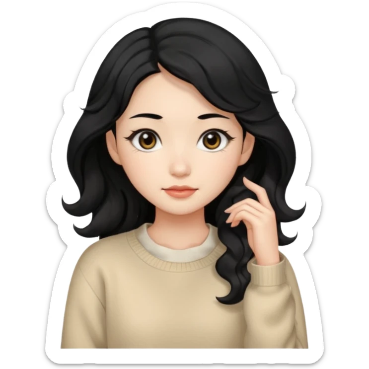 Beautiful girl,Black hair, wavy long hair,Black eyes,Chinese, beige sweater  sticker
