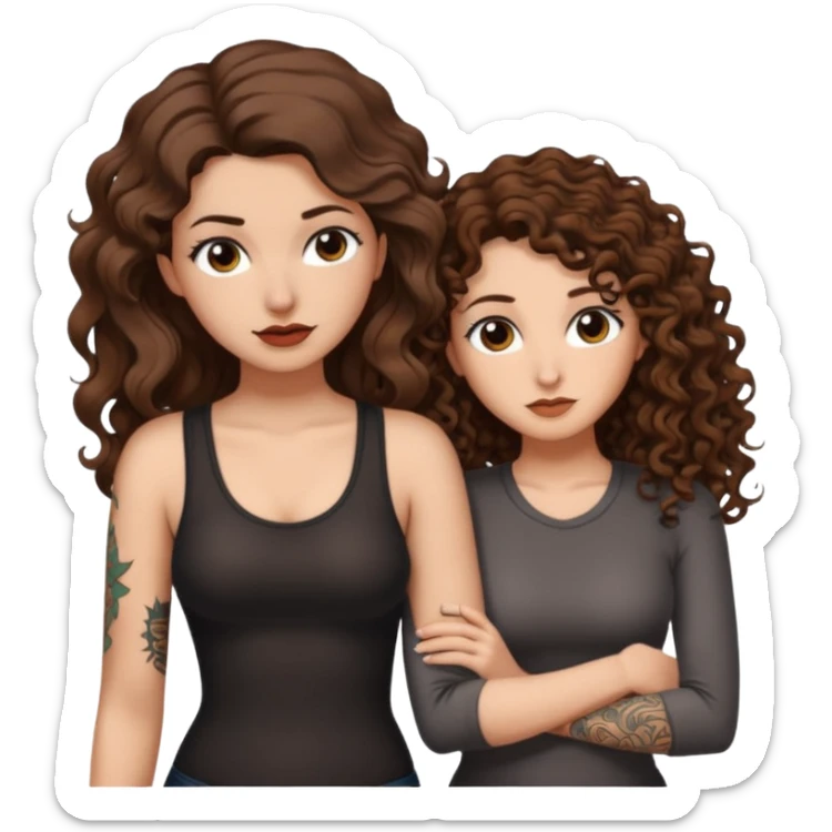 whisper plan — long wavy brown hair tattooed woman and short tight curly brown hair woman — leaning close plotting sticker
