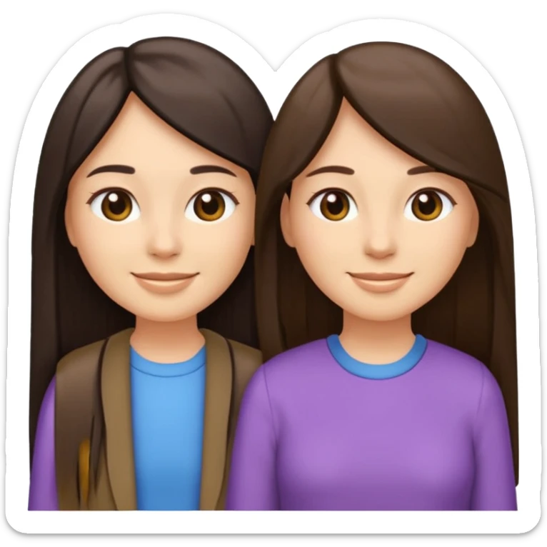 generate me emojis of sisters, one should look older, the other younger. the older one has dark brown hair, long, straight, the younger one is slightly lighter, also straight, long. clothes are any in principle, the main thing is that they more or less look like each other sticker
