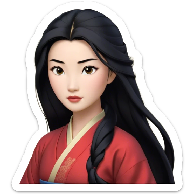Cinematic Realistic Mulan Portrait, depicted with lifelike skin texture, soft natural lighting, and intricately detailed long black hair styled elegantly. Her deep, expressive eyes exude determination and grace, complemented by a serene yet confident expression. She is dressed in her classic attire, with rich fabric textures and delicate folds that catch the light beautifully. The portrait features a soft, enchanting glow with a natural, radiant finish, capturing the essence of timeless strength and beauty in a realistic and painterly style, evoking a sense of depth and authenticity. sticker