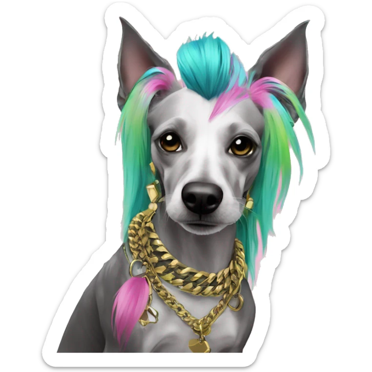 Punk tropical Chinese crested dog neon rainbow cyan green pink hair gold chain punk piercings tattoos punk ear piercings sticker