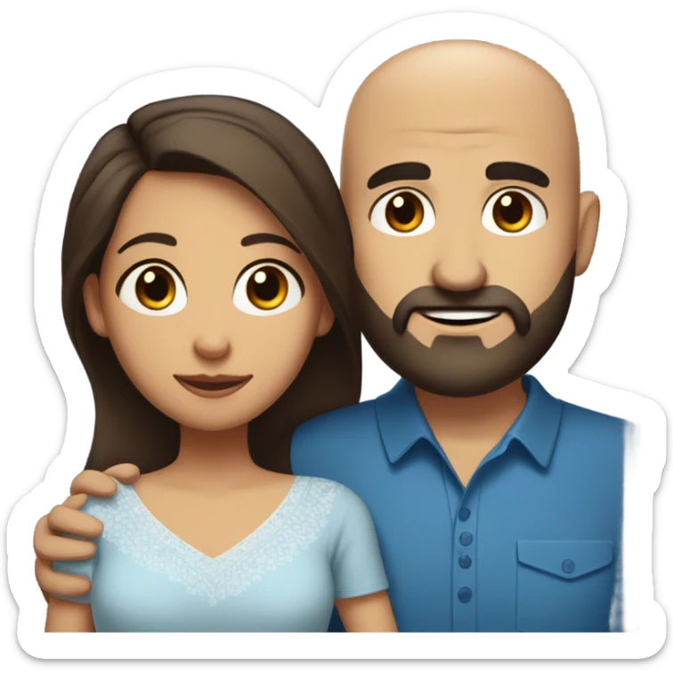 Comforting hug from brunette Puerto Rican with dark brown eyes wearing a cute blue blouse to short, bald man with brown eyes and a beard sticker