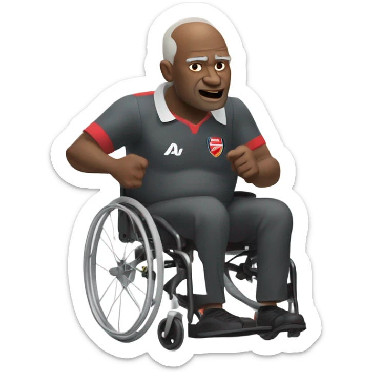 old black bald man with a round belly in wheelchair. angry face. grey stubble. he is pointing finger in front. wearing Arsenal soccer shirt. a speech bubble with the word: "Mojdeh!" sticker