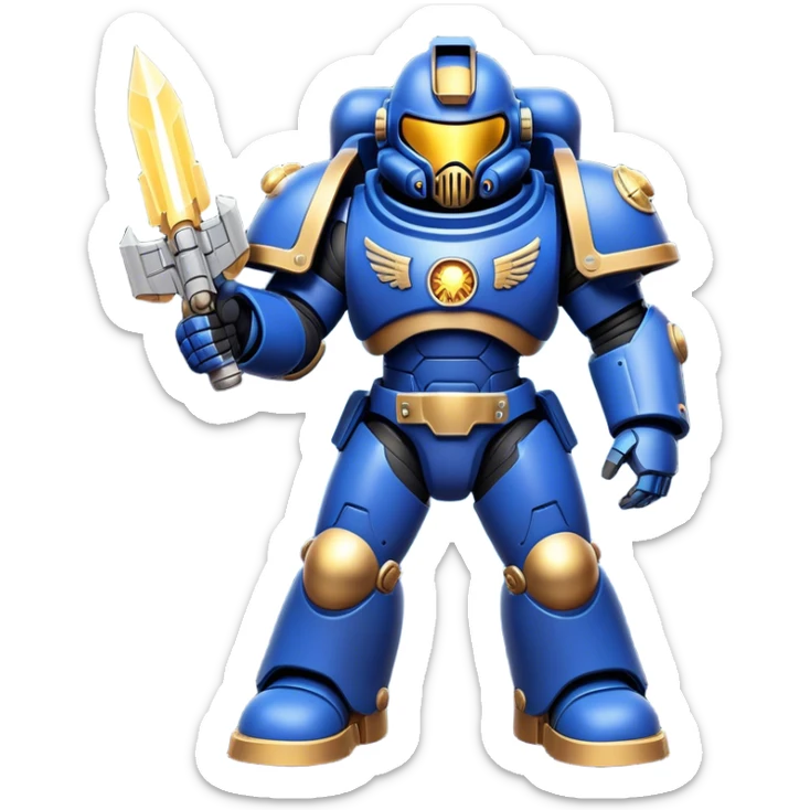 Clash of Clans aesthetic: Cinematic Playful Space Marine Hero Emoji, rendered in a 3D vector-style similar to standard emojis with minimal shading and bold, simplified shapes. A compact, heroic isometric figure clad in futuristic power armor with signature energy accents, softly glowing with a cosmic battle charm. Simplified yet unmistakably iconic, highly detailed and consistent, glowing with a soft radiant shine and high gloss. Stylized with a touch of interstellar valor and a soft glowing outline, capturing the essence of an elite space warrior with a friendly, playful manner! sticker