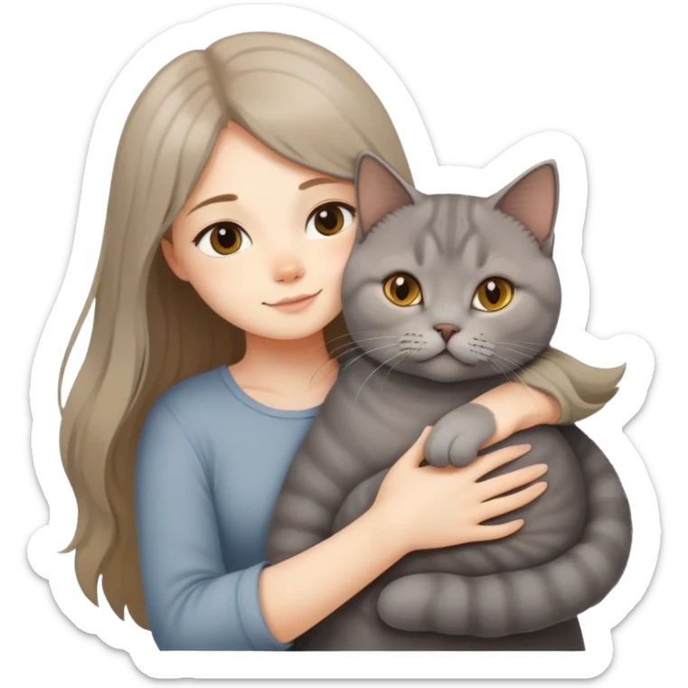 A long-haired girl hugs a British shorthair cat with a brown gradient to light yellow color sticker