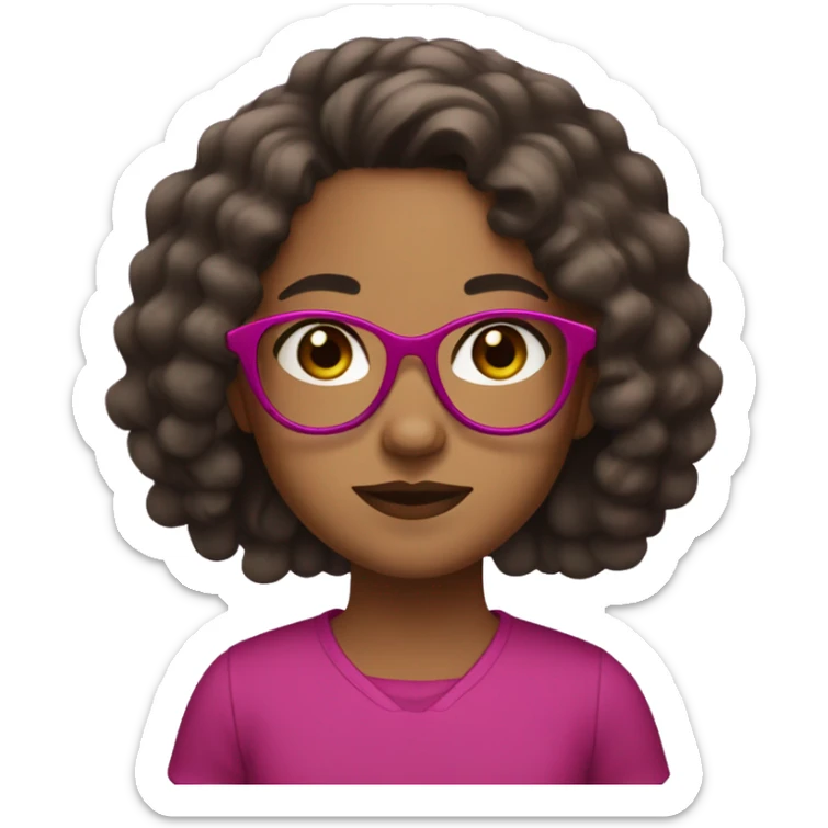 Girl with long curly black hair and brown skin and dark brown eye color and small fuchsia round glasses  sticker