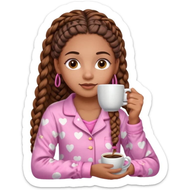 Create a mixed-skin girl with long brown African braids (french curls), brown eyes and beauty spots on her face, drinking coffee and wearing pink pajamas. sticker