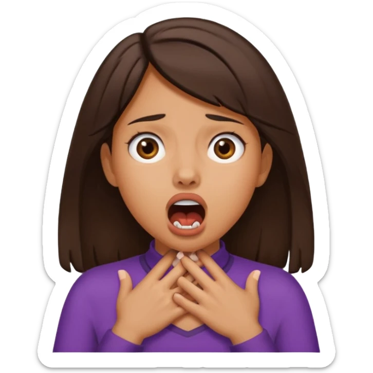 girl with tan skin and dark brown hair with two hands on her neck (overlapping) choking with mouth open and eyes crazy sticker