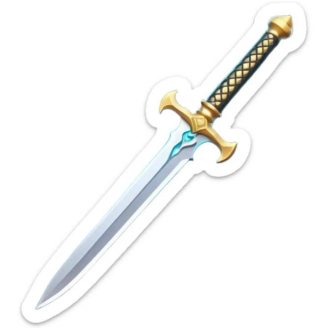Clash of Clans aesthetic: Cinematic Playful Sword Emoji, rendered in a 3D vector-style similar to standard emojis with minimal shading and bold, simplified shapes. A compact, isometric blade with a gleaming, intricately designed hilt and a razor-sharp edge, softly glowing with a heroic, battle-ready charm. Simplified yet unmistakably iconic, highly detailed and consistent, glowing with a soft radiant brilliance and high shine. Stylized with a touch of medieval finesse and a soft glowing outline, capturing the essence of a legendary sword with a friendly, playful vibe! sticker