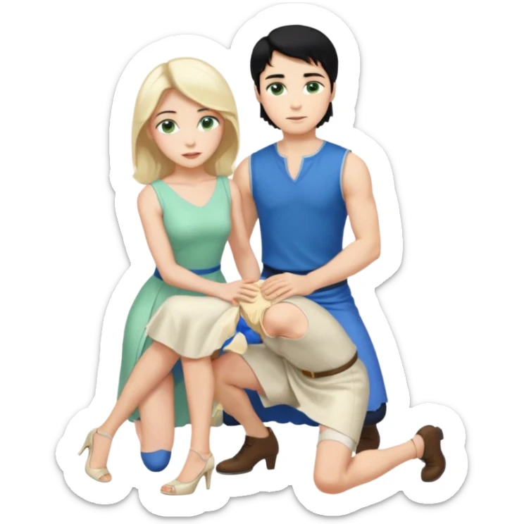 prince, upright, black Hair, blue eyes, garment,  Woman, bending knee, sleveless white dress, blonde hair, green eyes, sticker