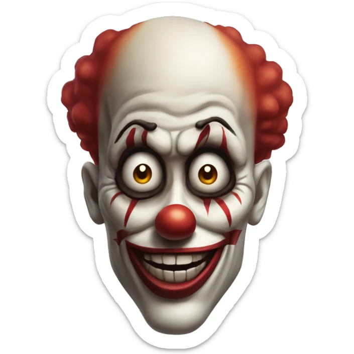 clown skull with less realism and more emojism also it must have a nose of a clown and a 2 clown hair on bothsides and a small beard and all of redish color sticker