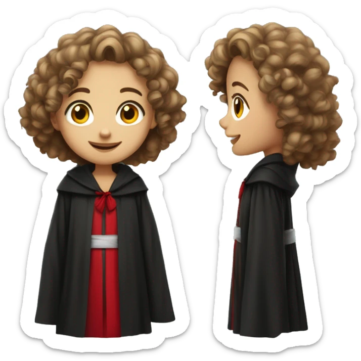 a young girl with curly brown hair, brown eyes, bigger front teeth, shes light skinned and dressed in a black robes with red tie sticker
