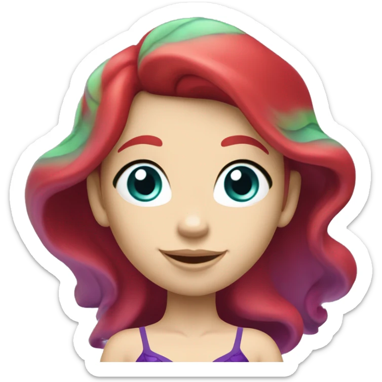 Ariel, the mermaid swimming. Her tail is green, her bikini top is purple, and her hair is bright red and wavy. She has pale skin and blue eyes. She is swimming. sticker