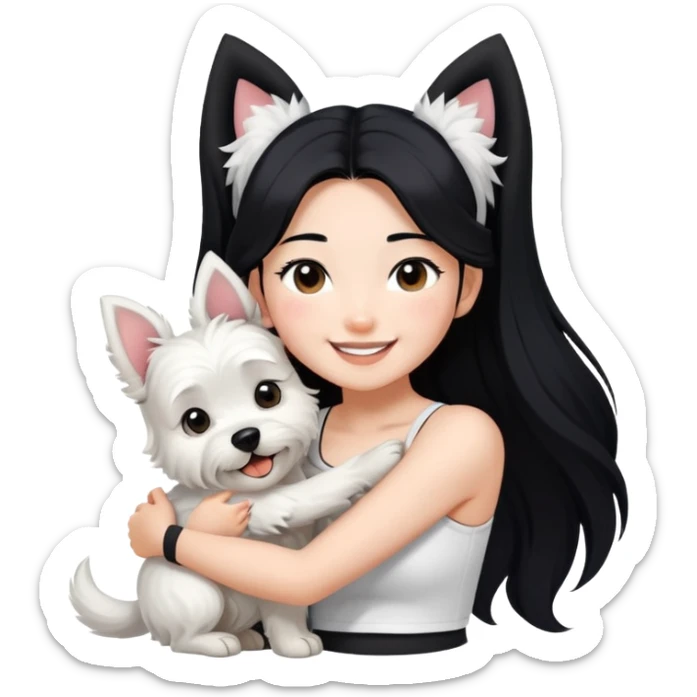 An Asain girl with long black hair to her wearing a white crop top and black legging,she is smiling and hugging a west highland terrier with big ears  sticker