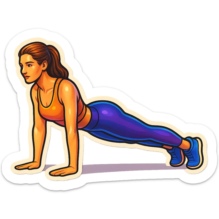 beautiful woman in a top and leggings performing plank pose, retro stickers style, detailed appearance, detailed facial features, shadows and highlights, clean contours, soft lighting, transparent background sticker