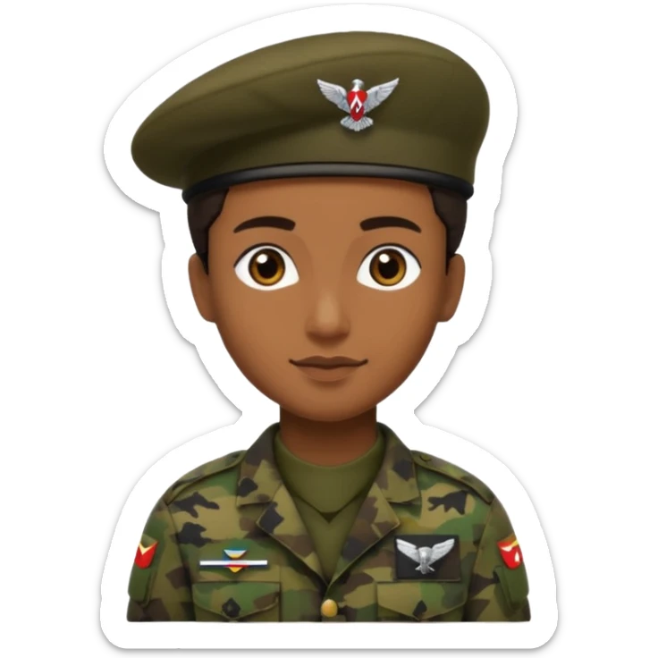 military person with pixelated woodland camouflage uniform, black beret with paratrooper emblem, brown skin, iPhone emoji style sticker