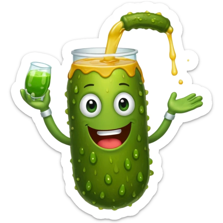 a cartoon pickle with juice squirting from the top of it, being squeezed by a hand sticker