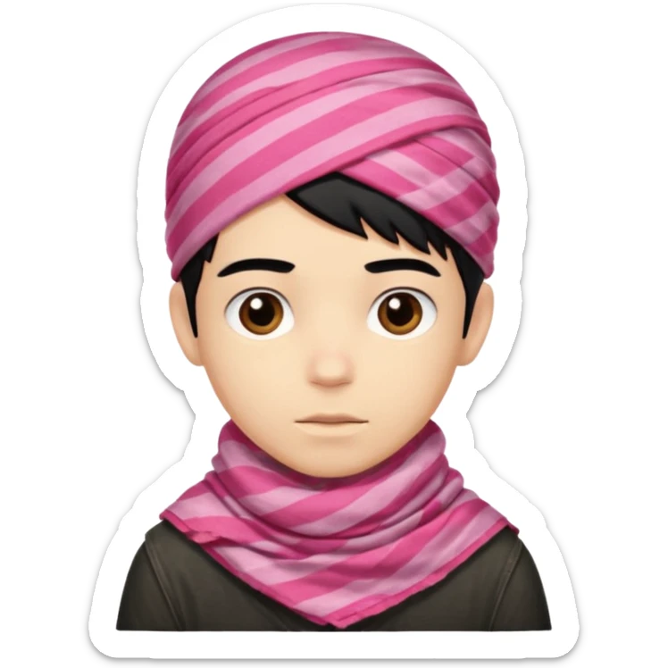 Emoji de un chico con turbante árabe que el chico sea de color piel clara y que tenga cabello negro y de fondo blanco y que tenga un pañuelo árabe de color rojo y con rayas rosas sticker