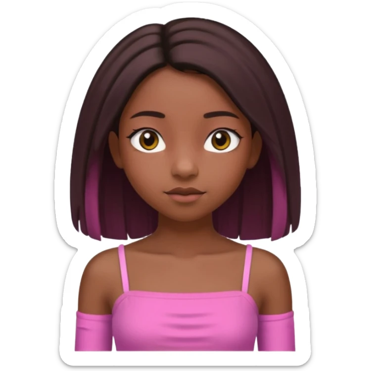 A black 12 yr old girl brushing her shoulder length hair, doe eyes, almond eyes pink tube top and black hair like the 3rd. The first one but hair straight and long and close to body sticker