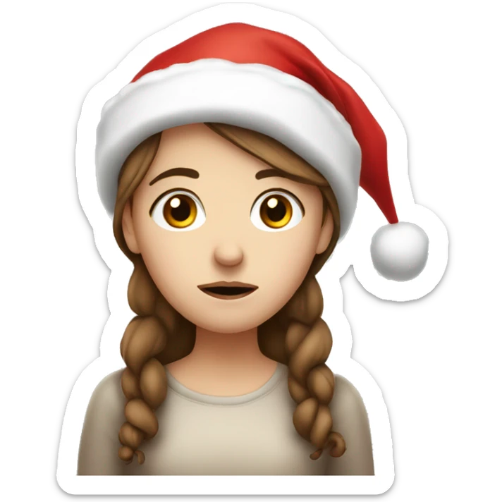very sad Christmas white girl with brown hair and a christmas hat sticker