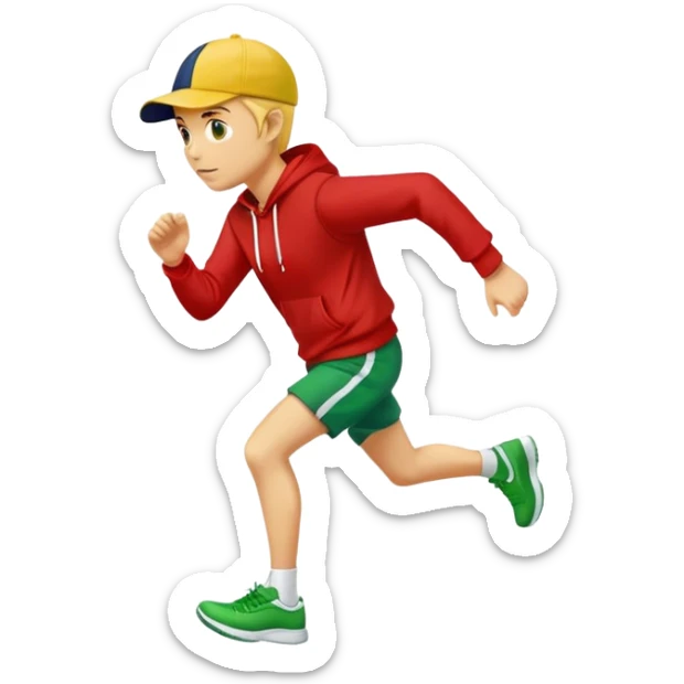 Yellow skin person running wearing navy ball cap, red hoodie, white shorts and green shoes. IOS emoji style.  sticker