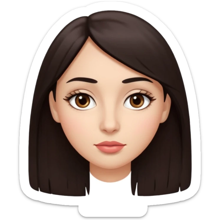 Chica de rostro ovalado, ojos grandes y almendrados café oscuro, cejas gruesas, nariz recta y labios llenos. Cabello lacio, marrón oscuro y largo, con fleco lateral Piel de tono medio con mejillas sonrojadas. sticker
