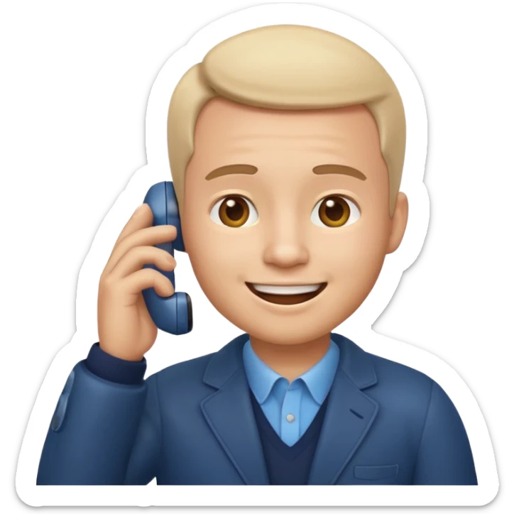 3D emoji style man talking on phone, holding a smartphone to his ear, smiling, rounded face, soft shading, glossy texture, Apple iOS emoji style, clean white background, centered, high detail, sticker style
 sticker