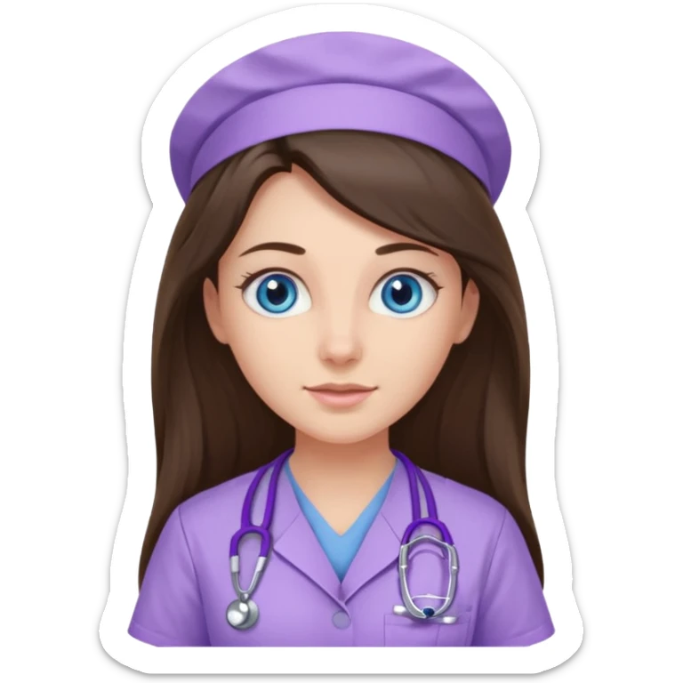 pretty brunette nurse with long hair and blue eyes in lilac scrubs sticker
